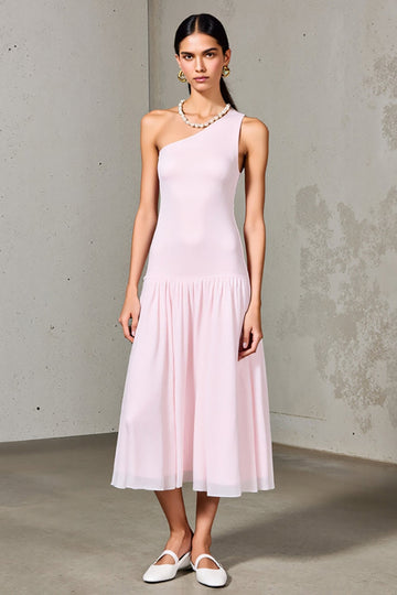 Une épaule une ligne rose midi robe